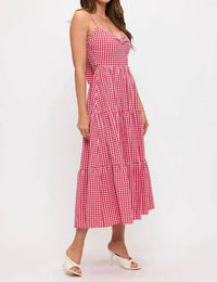 Lovely Day - Gingham Bow Bust Tie Back Tiered Maxi Dress
