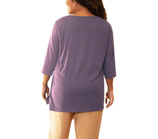 On The Plus Side - Cotton U-Neck 3/4 Sleeve Tee - Plus