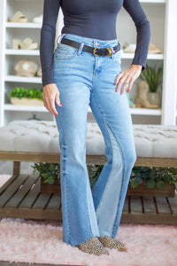 Bayeas High Rise Flare With Raw Hem Jean in light wash - women's jeans
