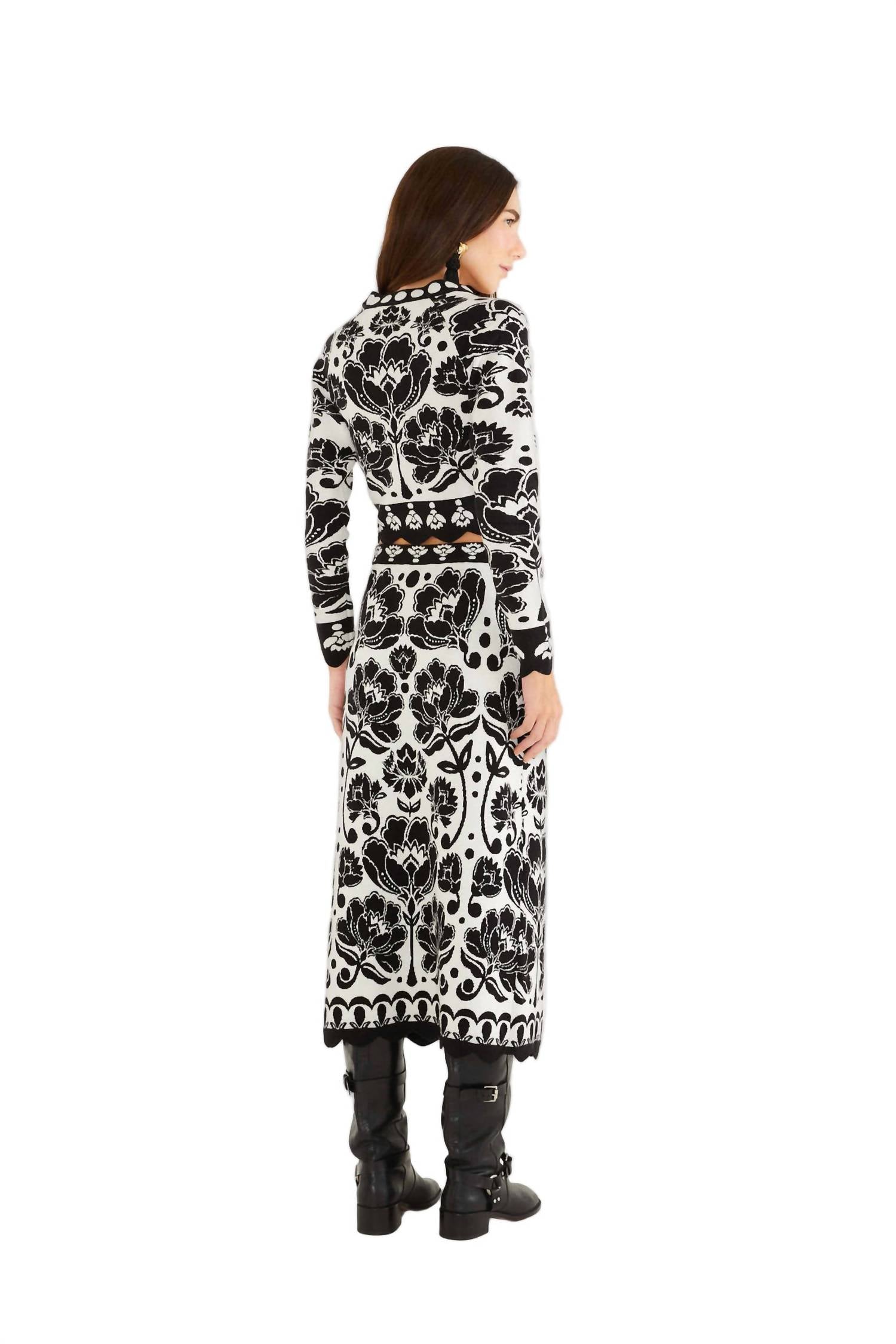 FARM RIO Floral Arabesque Knit Skirt in black white - women's skirt - alternate view