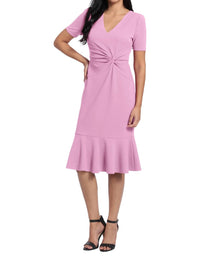 London Times - V-NECK TWIST MIDI WITH FLOUNCE DRESS