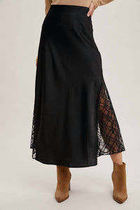 BluIvy Sazan Lace Trimmed Satin Midi Skirt in black - women's skirt