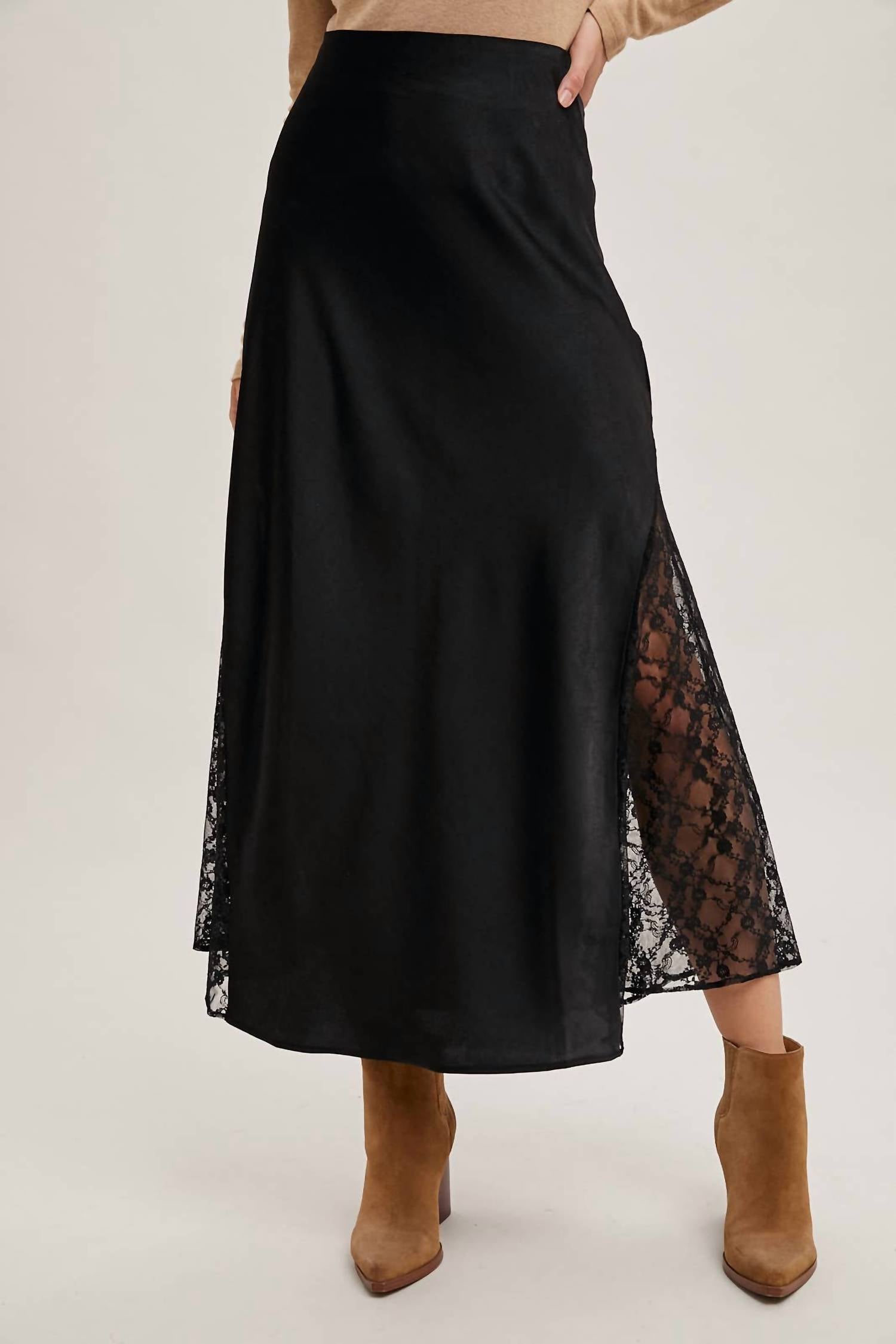 BluIvy Sazan Lace Trimmed Satin Midi Skirt in black - women's skirt