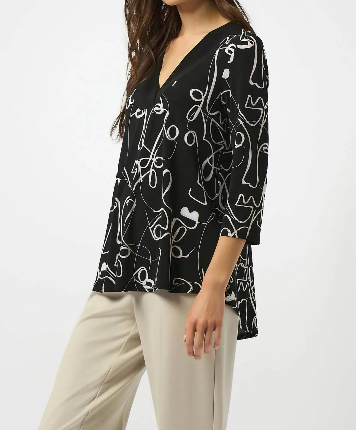 Joseph Ribkoff - Face Print V-neck 3/4 Sleeves Asymmetric Top