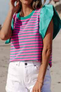 1 The Woman - Stripe Colorblock Ruffled Sleeve Crew Neck Blouse