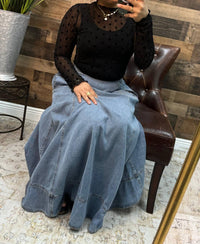 In February - Washed Denim Favorite Flair Midi Skirt With Contrast Stitch