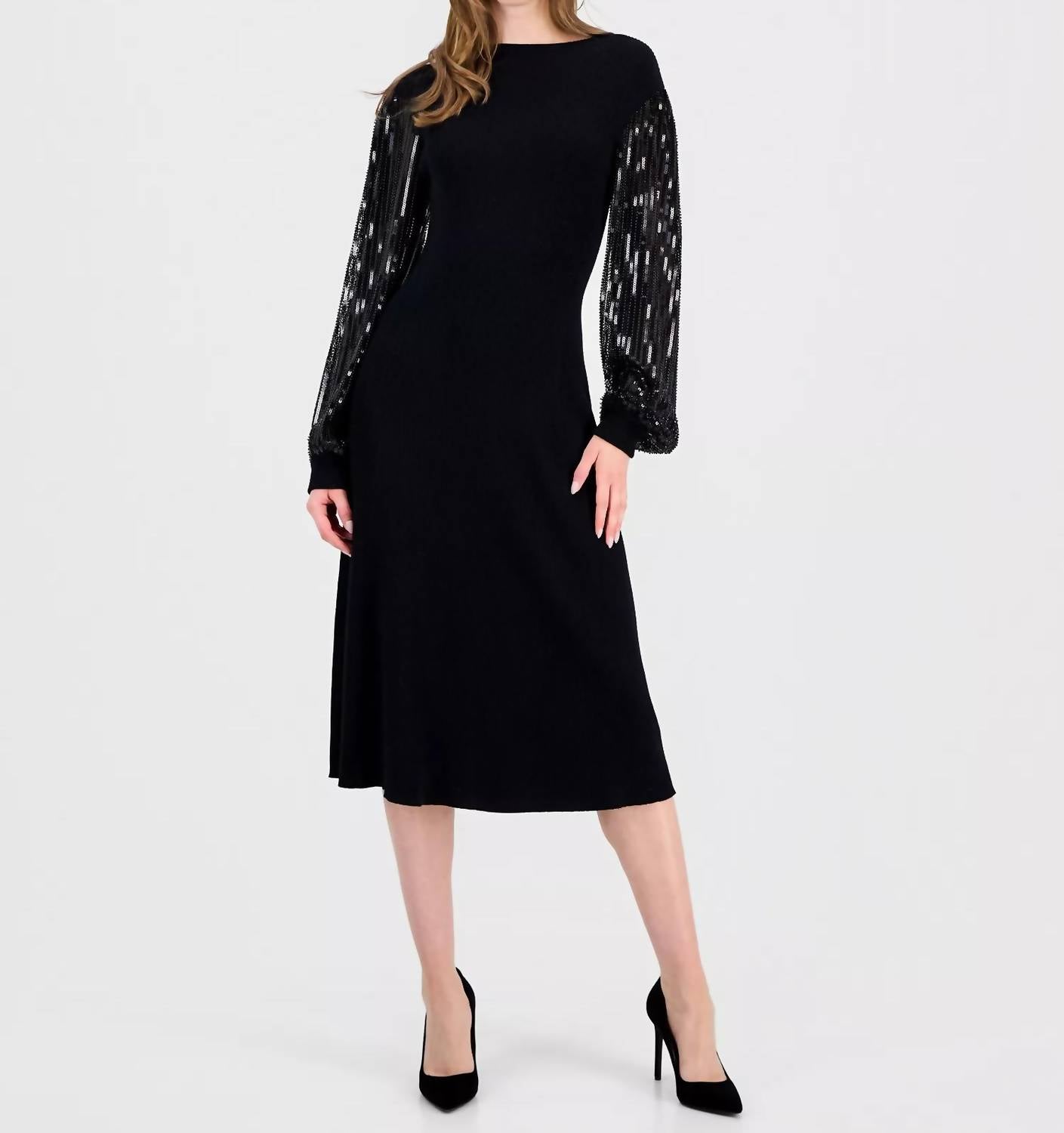 T Tahari - Embellished-sleeve Ribbed Dress