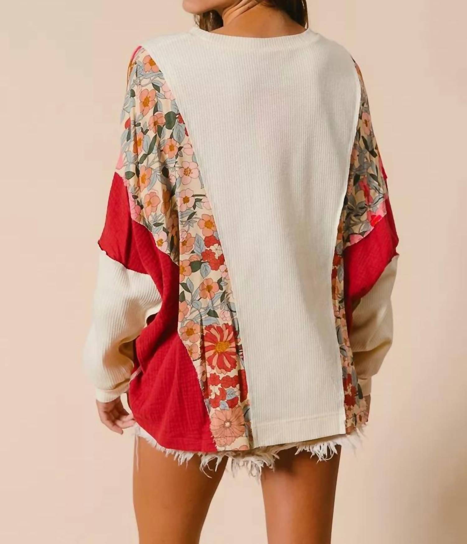 BiBi Mixed Print Knit Top in oatmeal - women's long sleeve top - alternate view