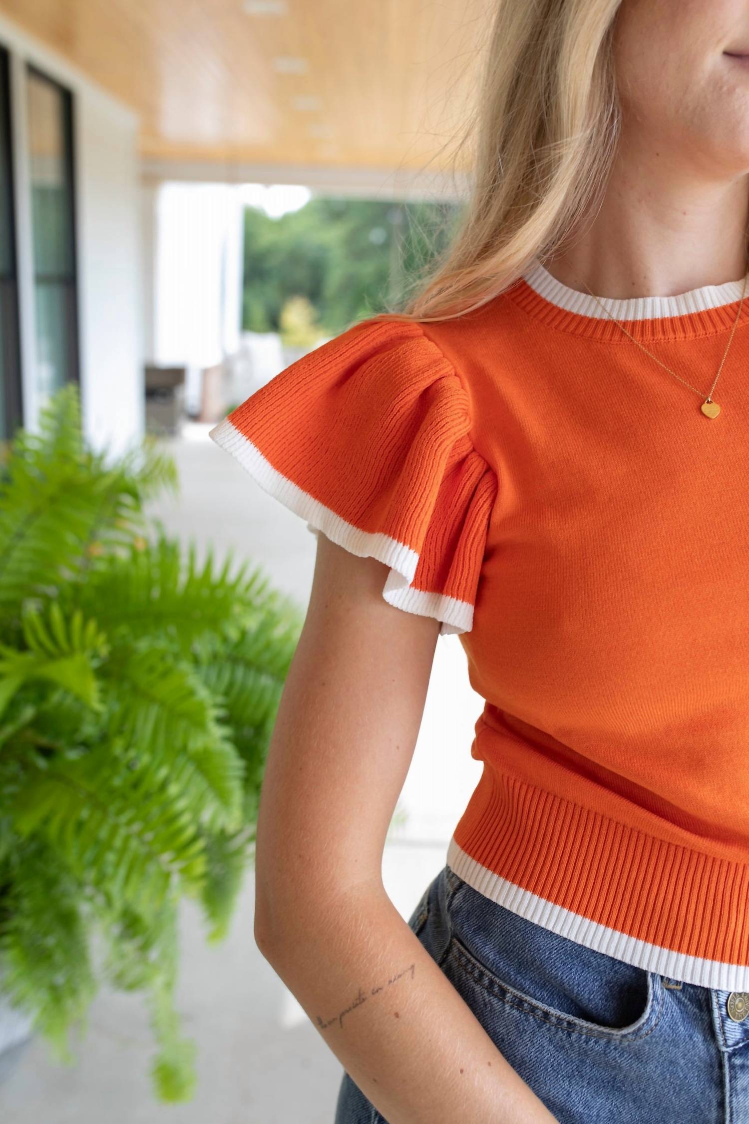 mittoshop Refined Ruffle Crew Neck Top in orange - women's blouse - detail view