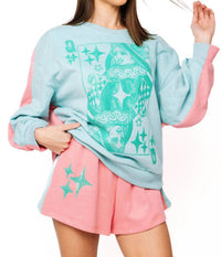 QUEEN OF SPARKLES Colorblock Logo Card Sweatshirt in aqua pink - women's top
