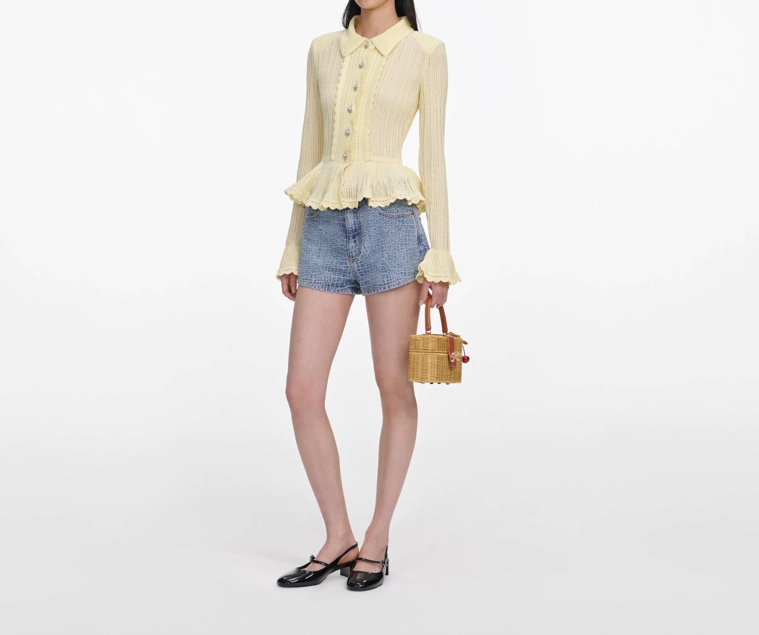 Self-Portrait - Rhinestone Croc Effect Denim Short