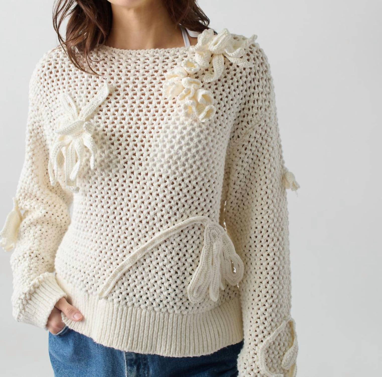 Lingua Franca Crochet Cammy Boatneck Top in cream - women's long sleeve top