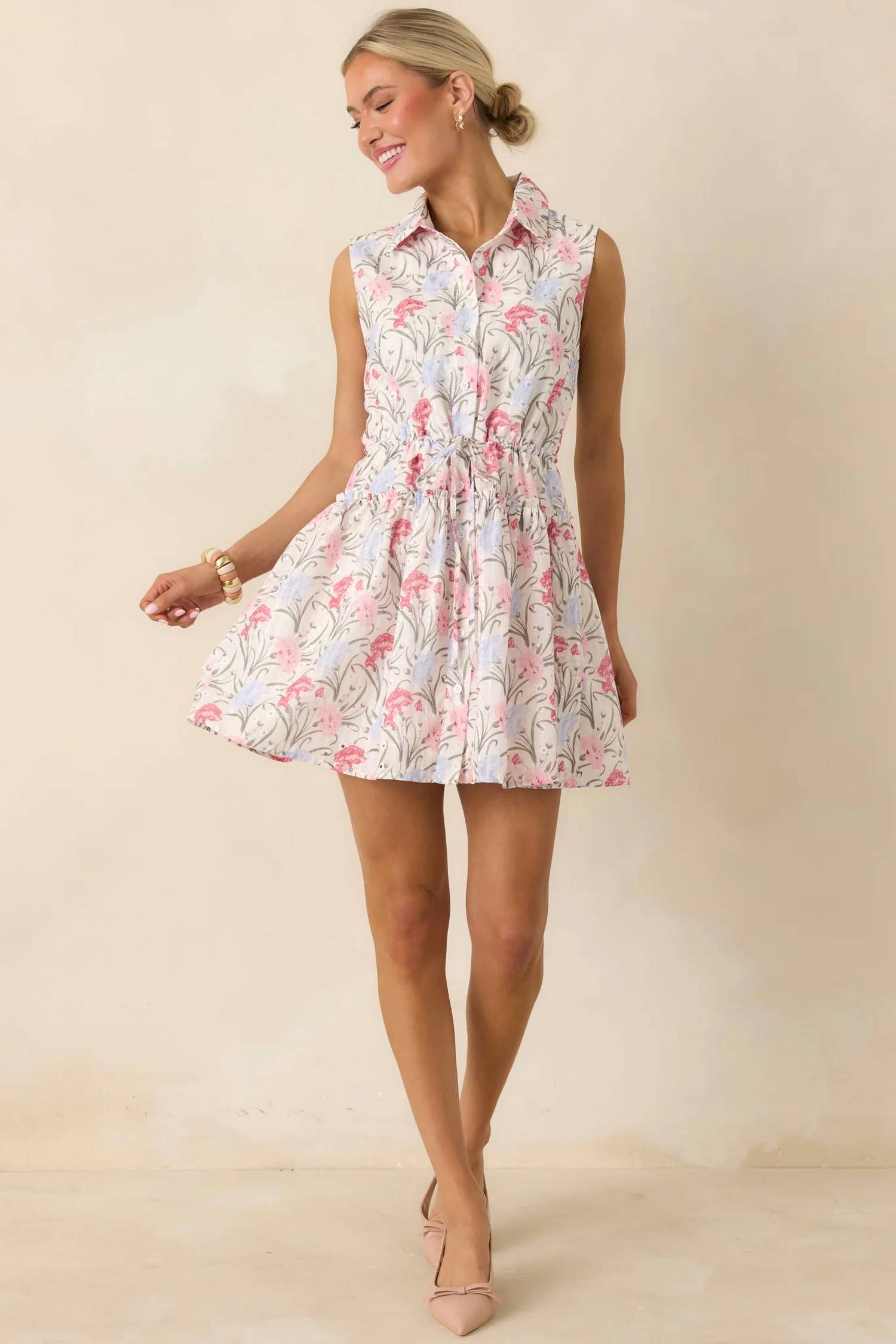 B.Right - Evianna Embroidered Floral Print Collared Fit And Flare Mini Dress