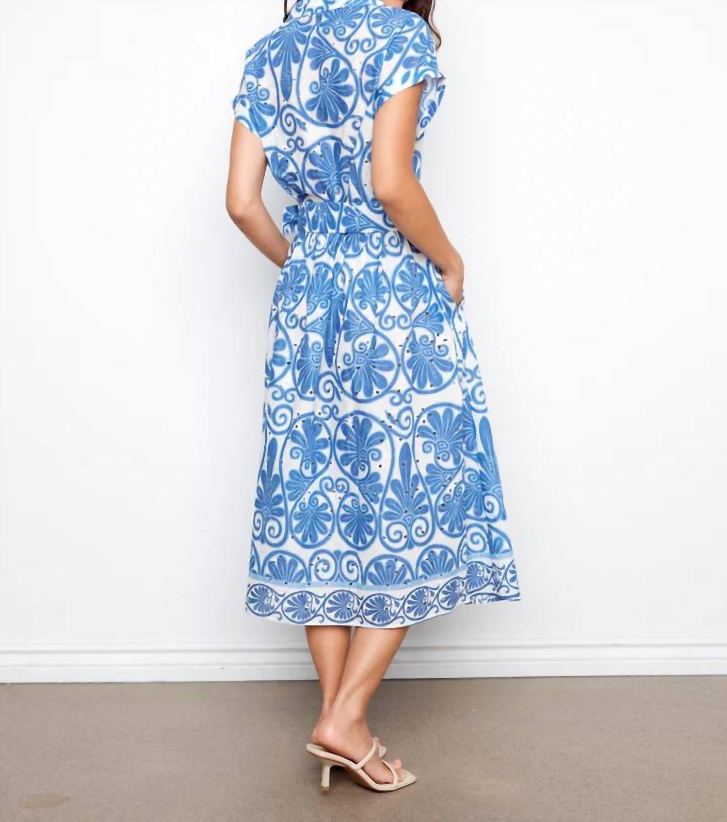 Charlie B - Printed Eyelet Cotton Short Sleeve Dress With Belt at Waist