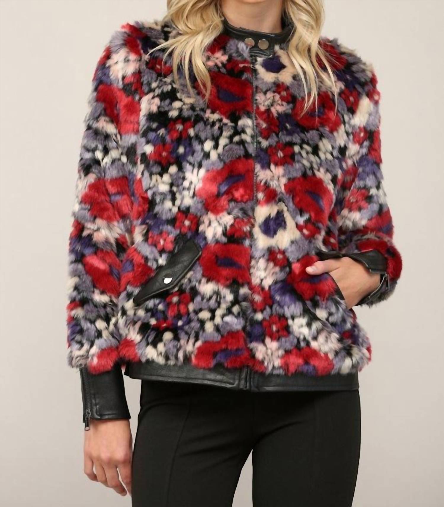 Fate Faux Leather Trim Fur Jacket in black multi - women's jacket