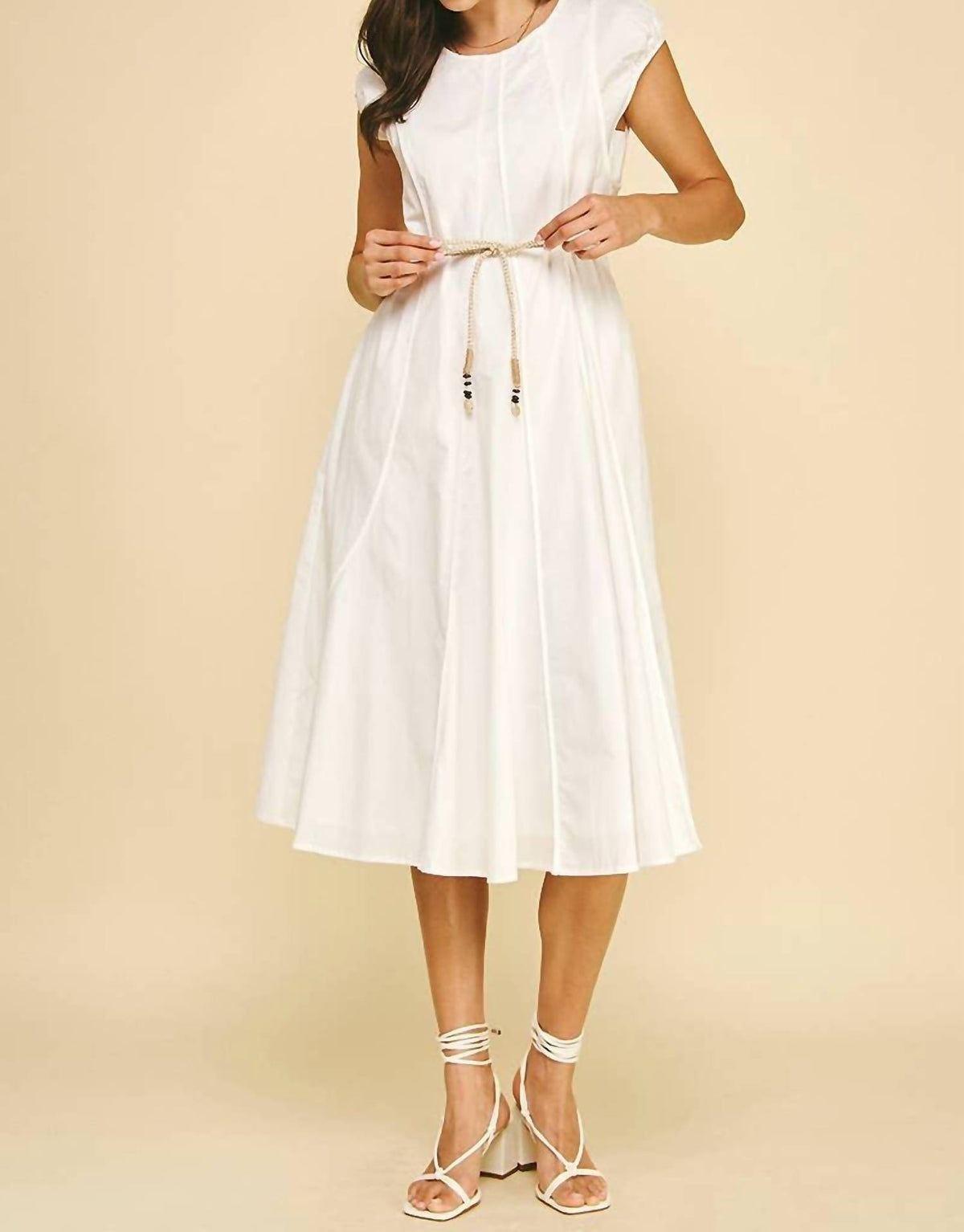 Pinch - Stitch Detailed Midi Dress With Shell Accent Belt
