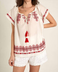 EN CREME Playful Embroidered Tassel Top in white redd - women's blouse