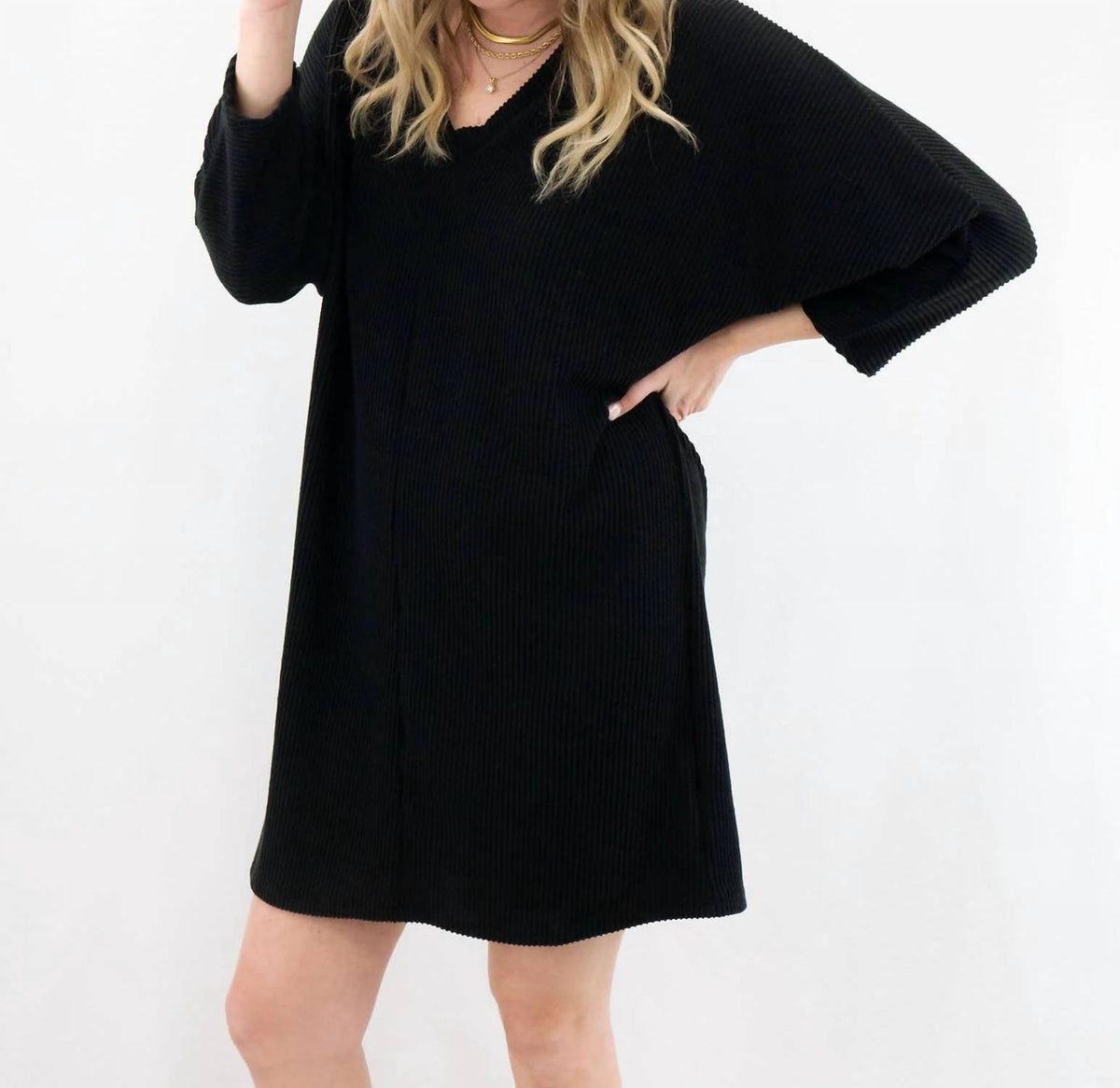 Entro - V-neck Long Sleeve Basic Dress
