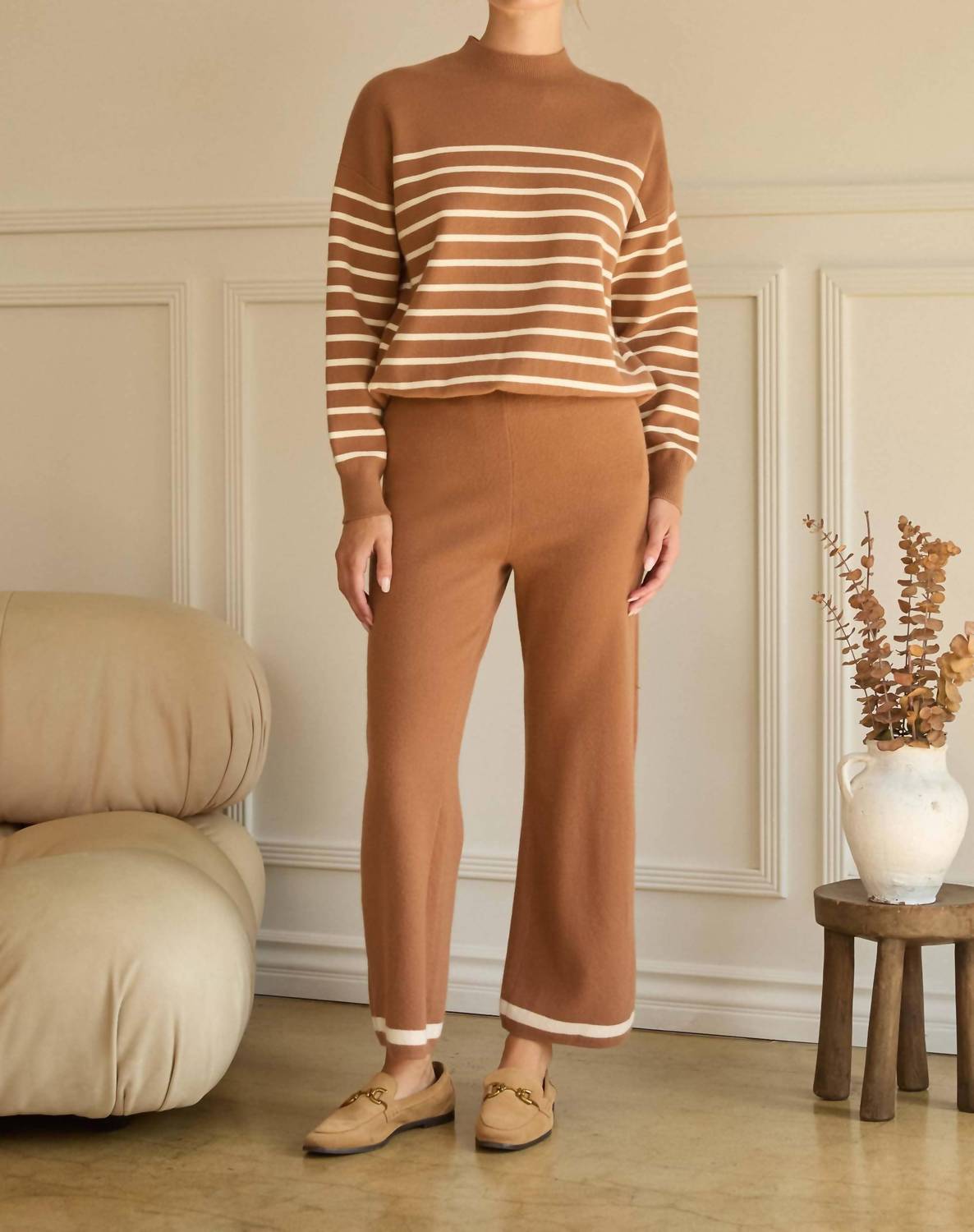 SKIES ARE BLUE Striped Knit Pullover Sweater in camel cream - women's sweater - view 4