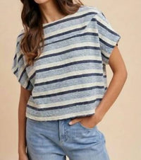 Anniewear - Tweed Texture Striped Crop Knit Top