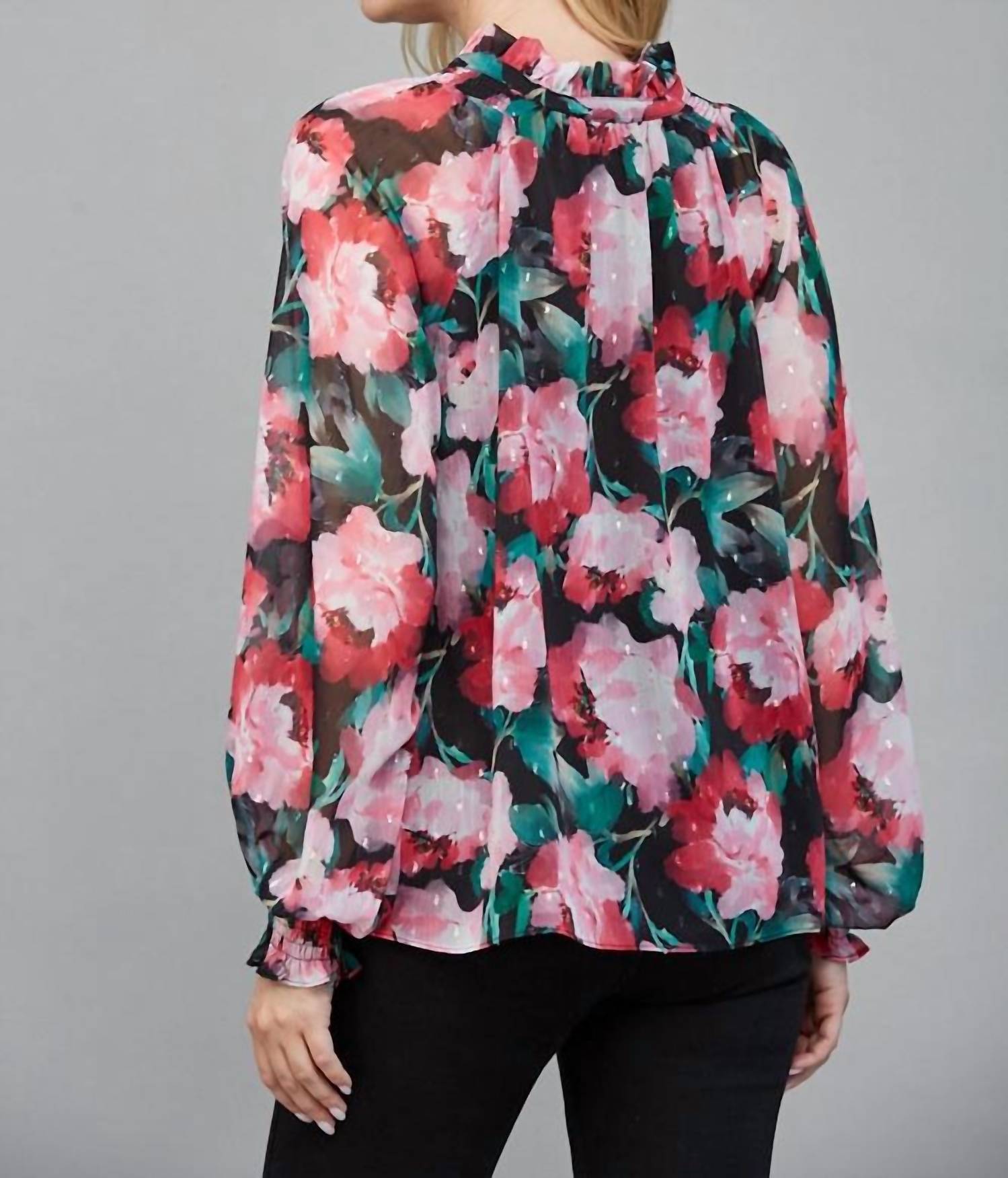 61 Jane - Women's Floral Keyhole Tie Neck Blouse