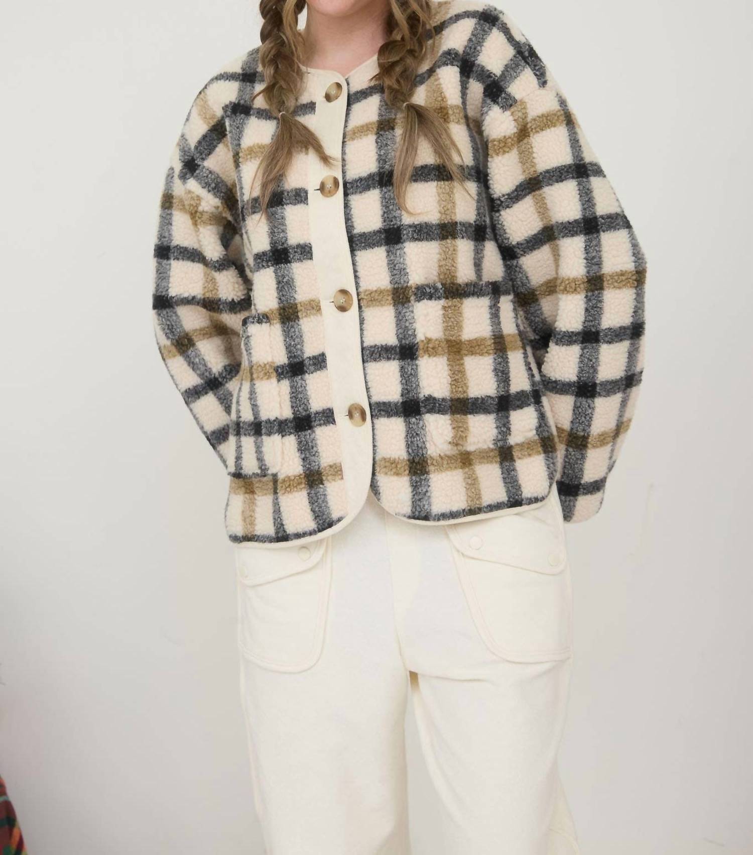 Blu Pepper Teddy Sherpa Jacket in cream plaid - women's jacket