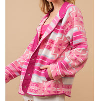 Blue B Aztec Fleece Print Outdoor Jacket in pink aztec - women's jacket - detail view