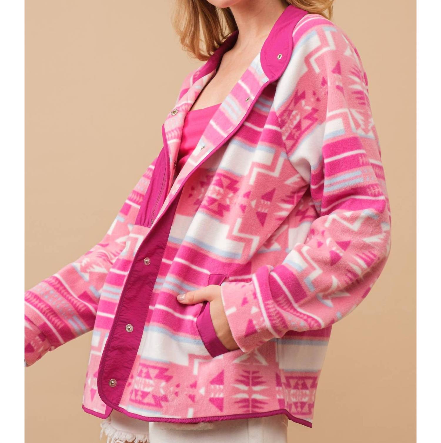 Blue B Aztec Fleece Print Outdoor Jacket in pink aztec - women's jacket - detail view