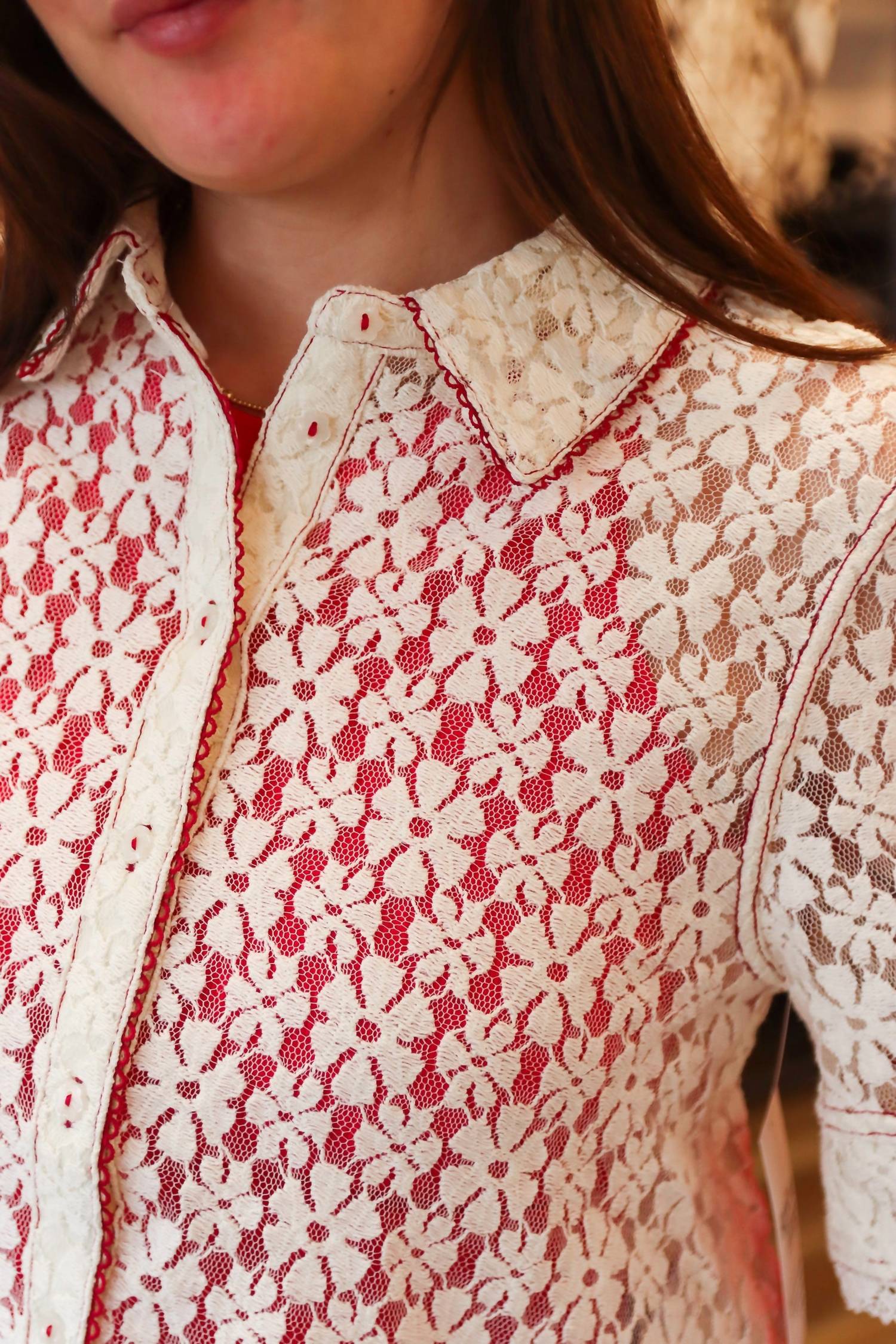 Free People Mannie Lace Button Down Top in whisper white - women's blouse - detail view