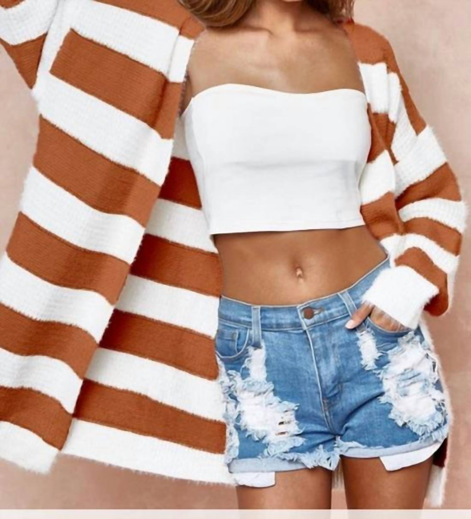 Bibi - Wide Stipre Open Front Hairy Cardigan