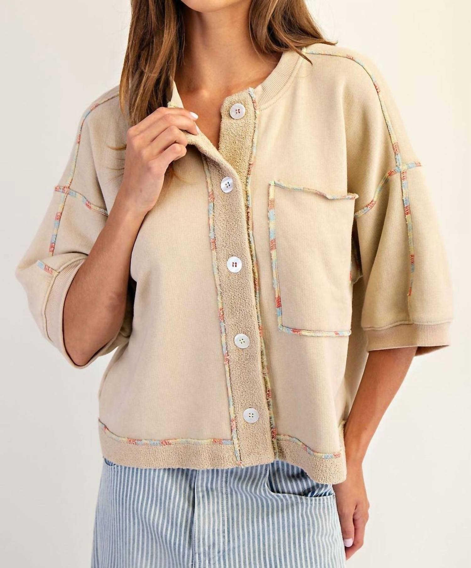 Ee:Some - Enzyme Washed Contrast Stitch Button Top