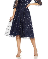 Adrianna Papell - Surplice V-neck 3/4 Sleeves Beaded Midi Dress