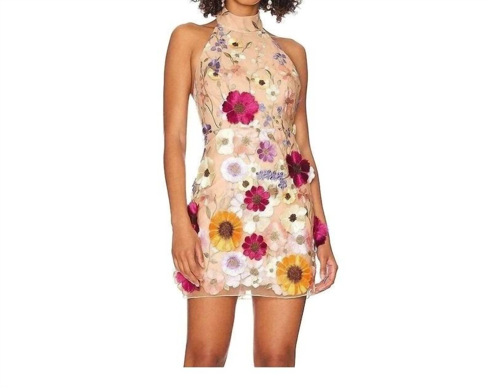 Furdecoration - 3d Floral Halter Mini Dress