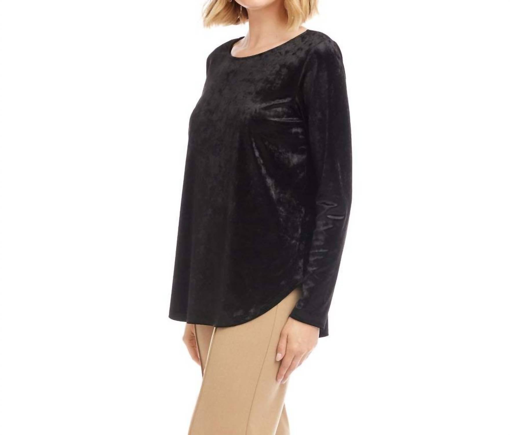 Karen Kane Long Sleeve Crushed Velvet Shirttail Top in black - women's blouse - alternate view