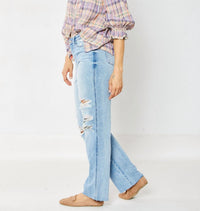 Judy Blue High Waisted Rigid Magic 90's Destroy Straight Jeans in medium blue - women's jeans - detail view