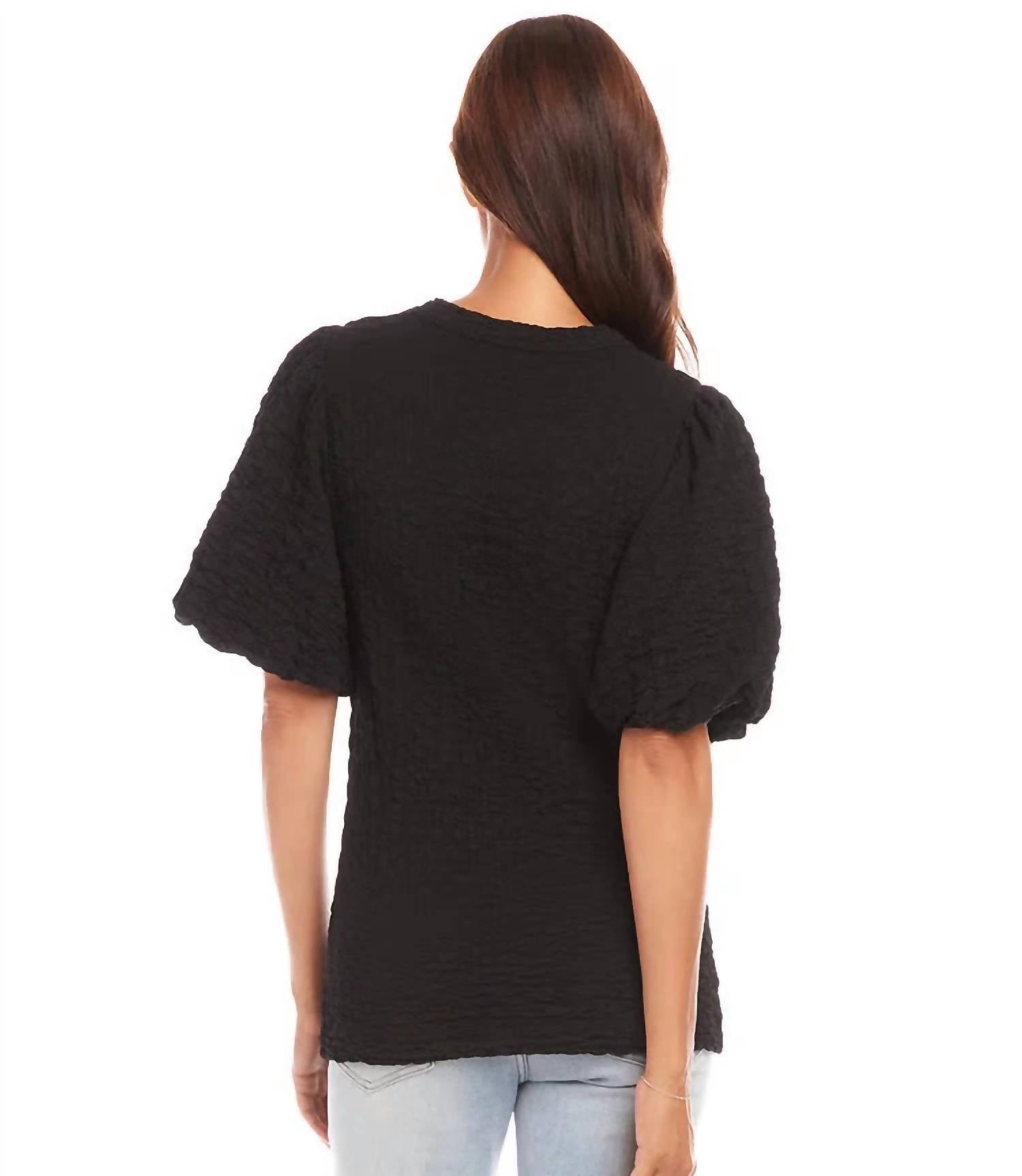 Karen Kane Perla Puff Sleeve Textured Top in black - women's blouse - detail view