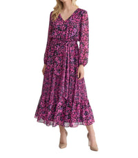 Kasper - Long Sleeve V-neck Printed Maxi Dress