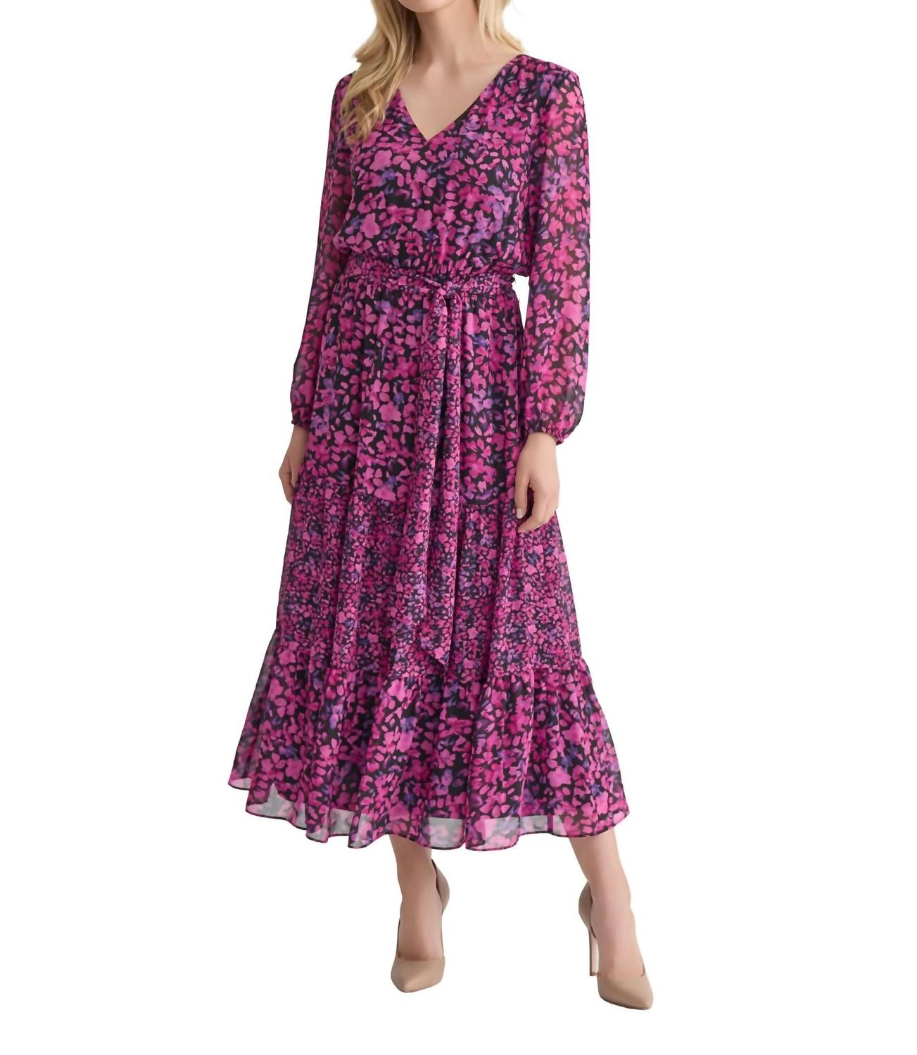 Kasper - Long Sleeve V-neck Printed Maxi Dress