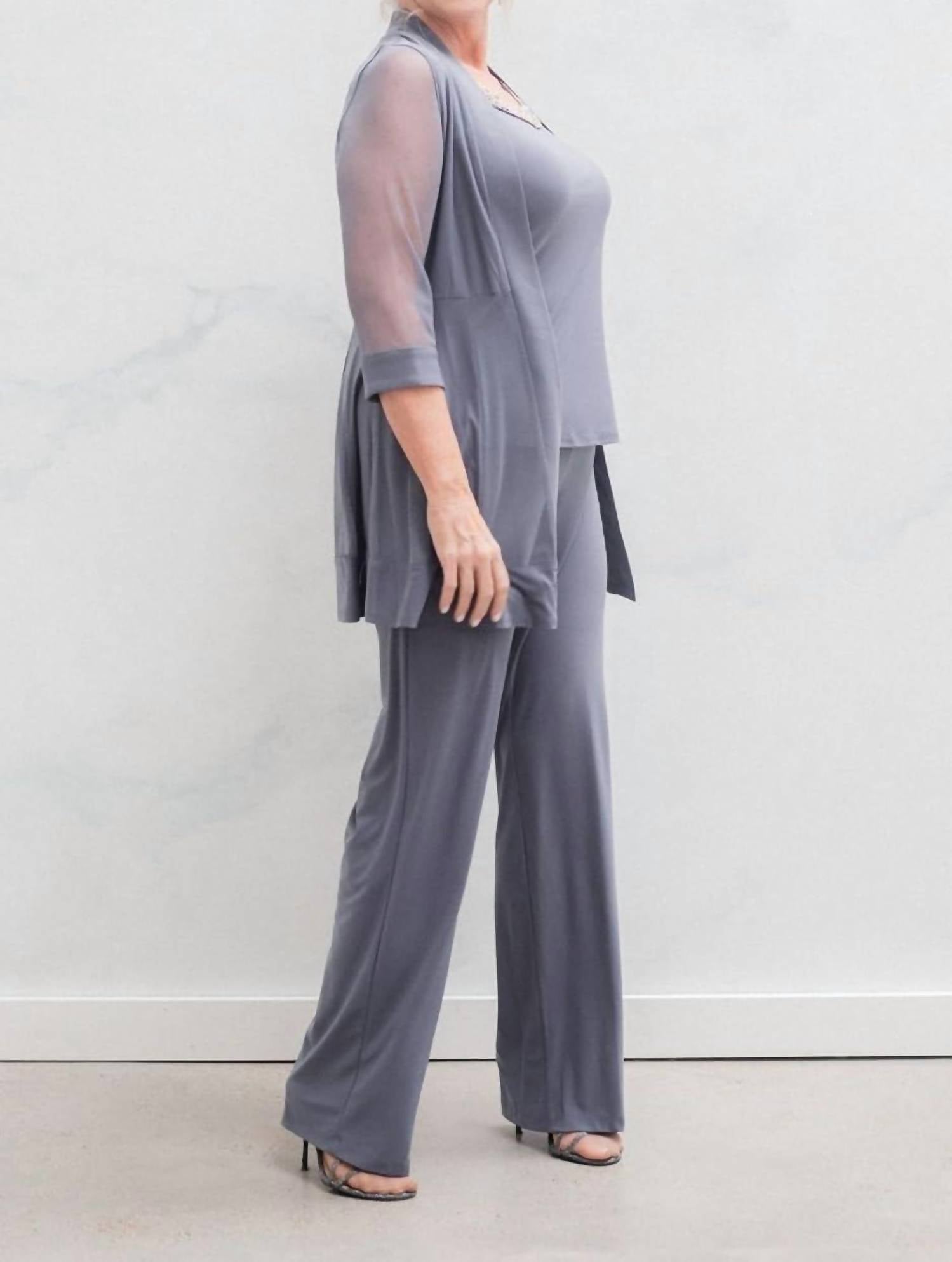 R&M Richards - Pants Suit Sleeveless Top With Soft-cut Draped Lapel Mesh Jacket - Plus