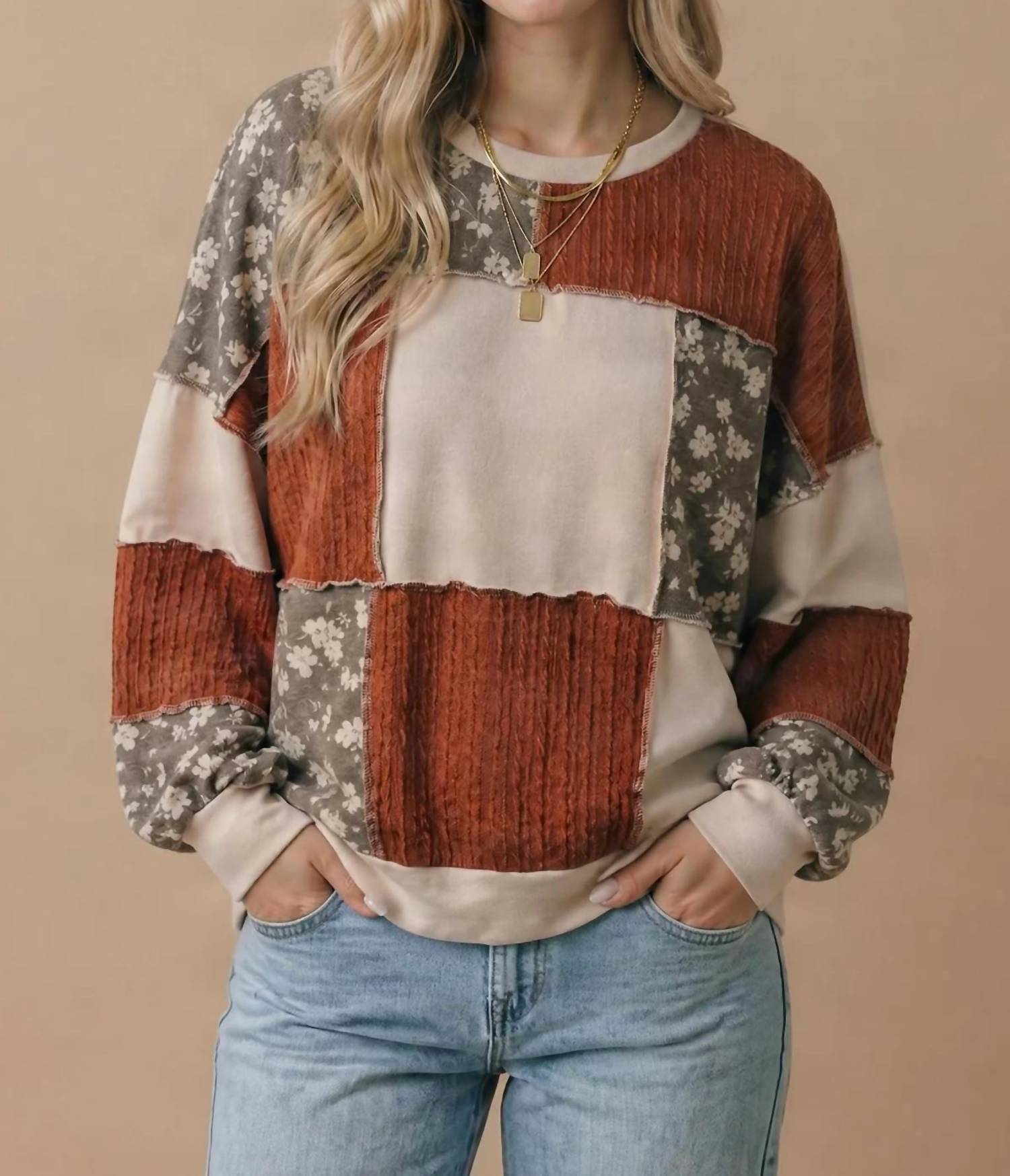 Haptics - Color Block Floral Patchwork Pullover Sweatshirt