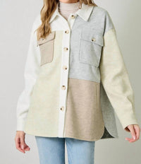mystree Pieced Together Shacket in latte stone - women's jacket - detail view