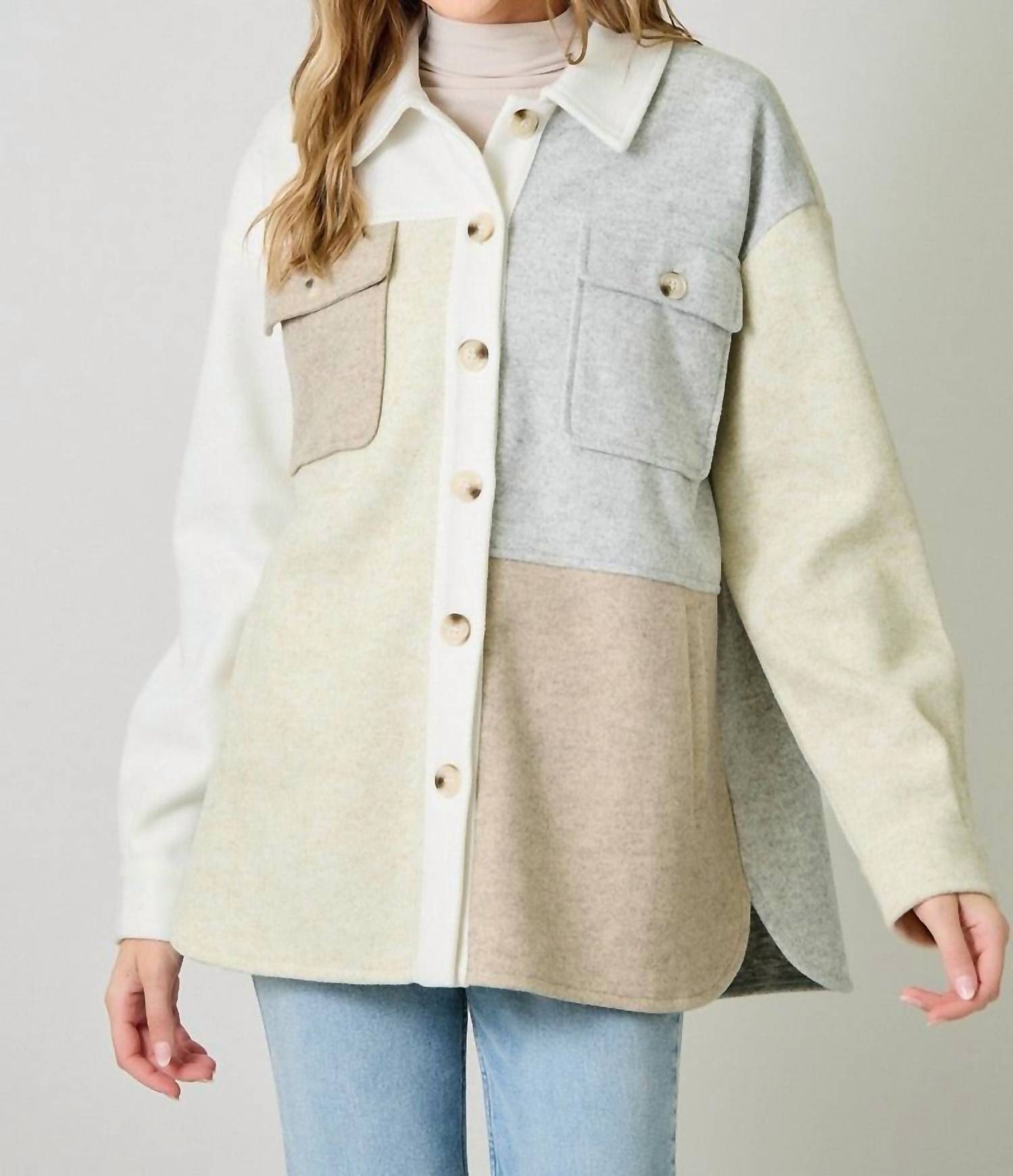 mystree Pieced Together Shacket in latte stone - women's jacket - detail view
