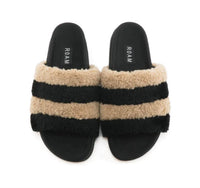 ROAM Women's Fuzzy Stripes Slides in beige black faux shearling - women's shoe - detail view
