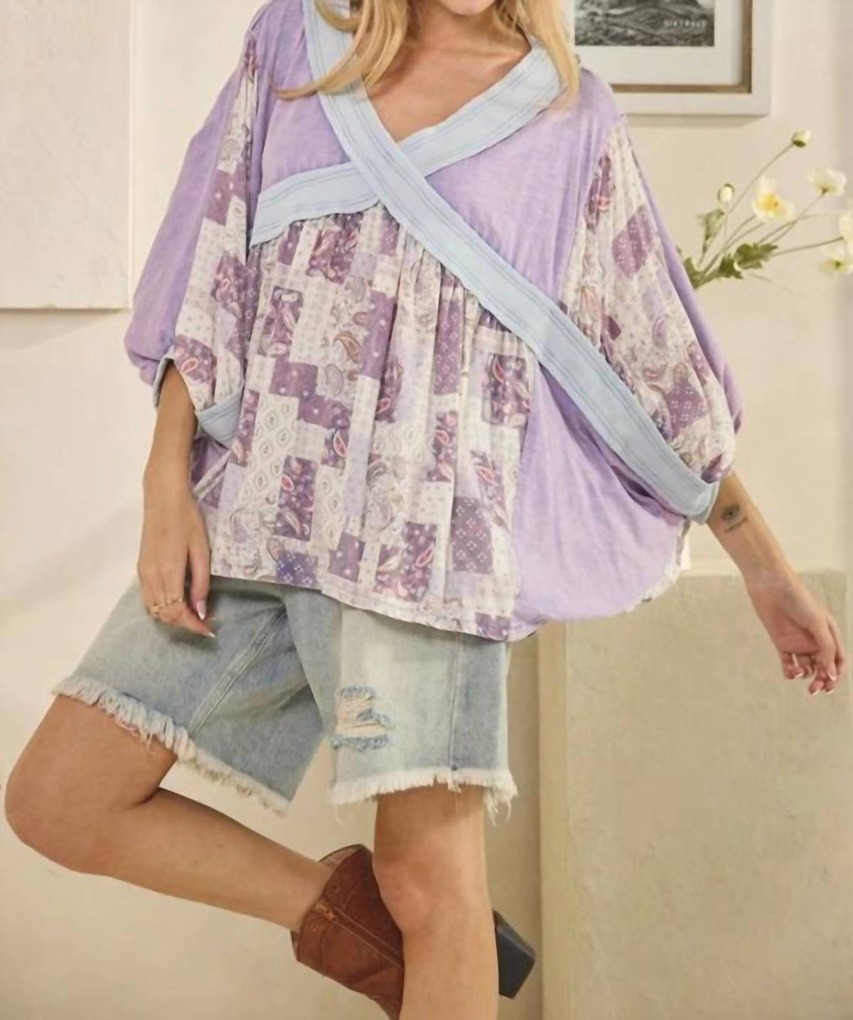 Oli & Hali - Washed Rib Crossed Patchwork Top