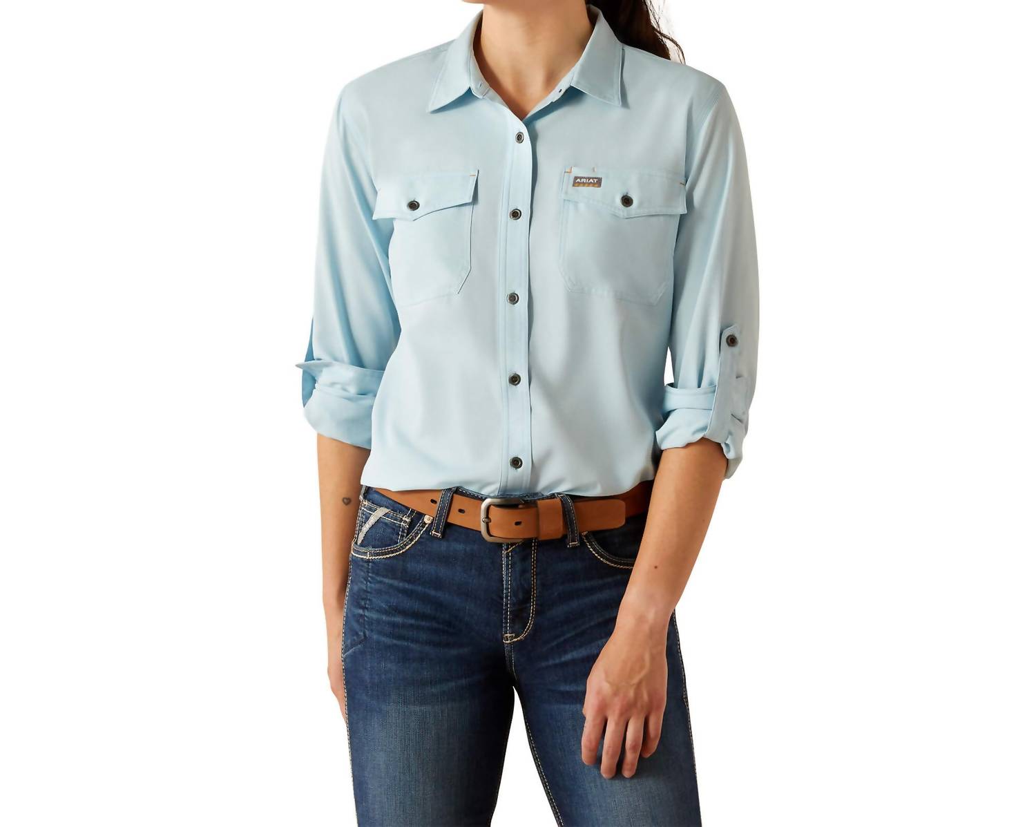 ARIAT Women's Rebar Venttek Durastretch Long Sleeve Shirt in milky blue - women's shirt