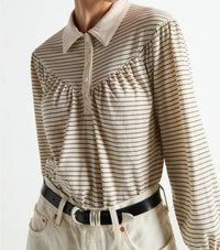 Nation LTD Cecilia Collared Top in espresso pinstripe - women's long sleeve top - alternate view