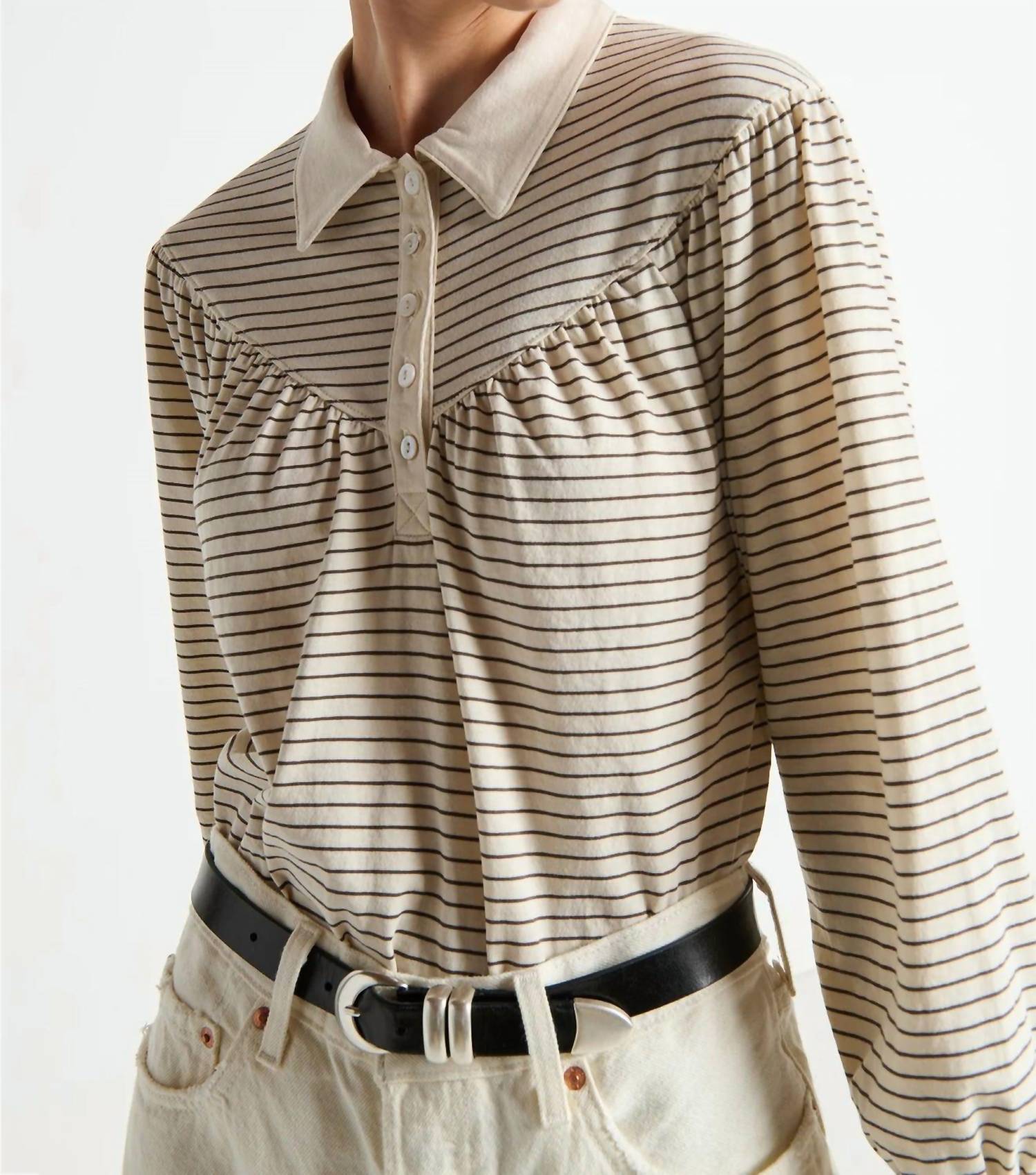 Nation LTD Cecilia Collared Top in espresso pinstripe - women's long sleeve top - alternate view