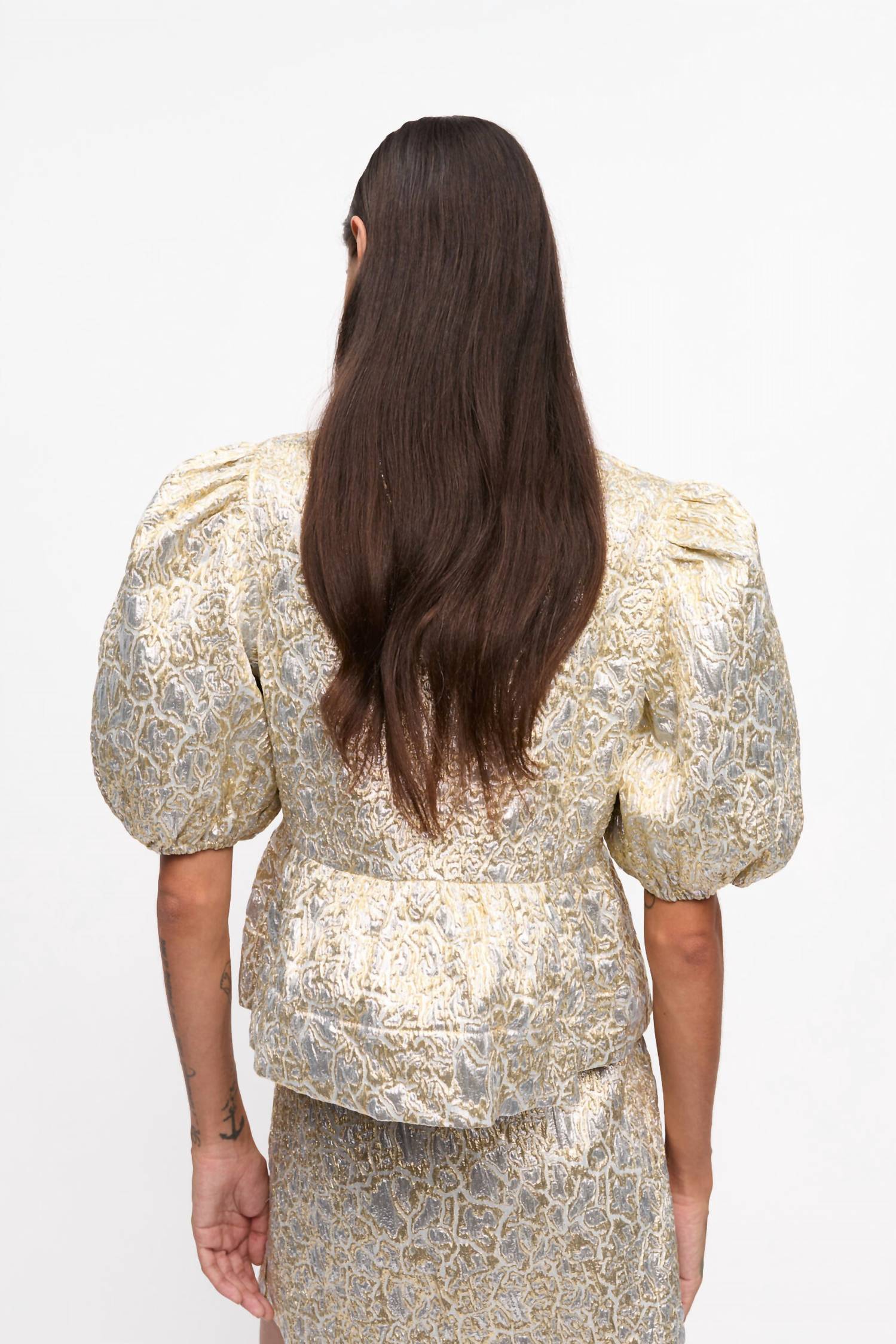 Ganni - Metallic Peplum Tie String Blouse