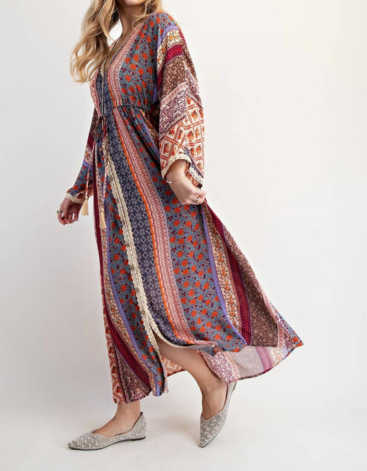 Easel - Printed Bell Sleeve Maxi Duster Dress