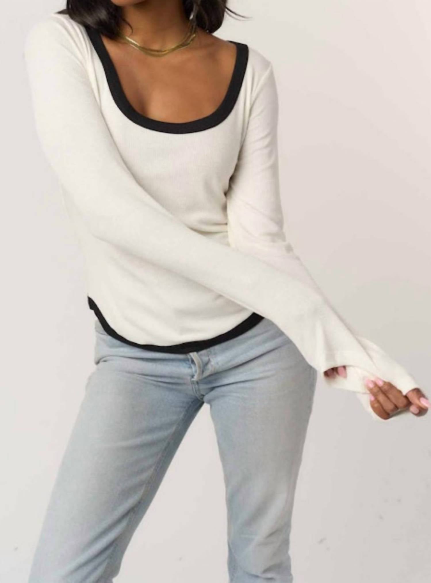 Project Social T - Contrast Scoop Neck Rib Long Sleeve Top